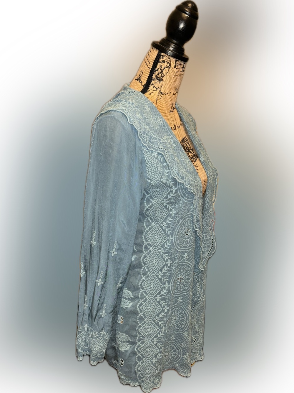 Johnny Was Light Teal Blue Lace-Embroidered Shawl Hood Scalloped Open Cardigan S - Picture 4 of 11